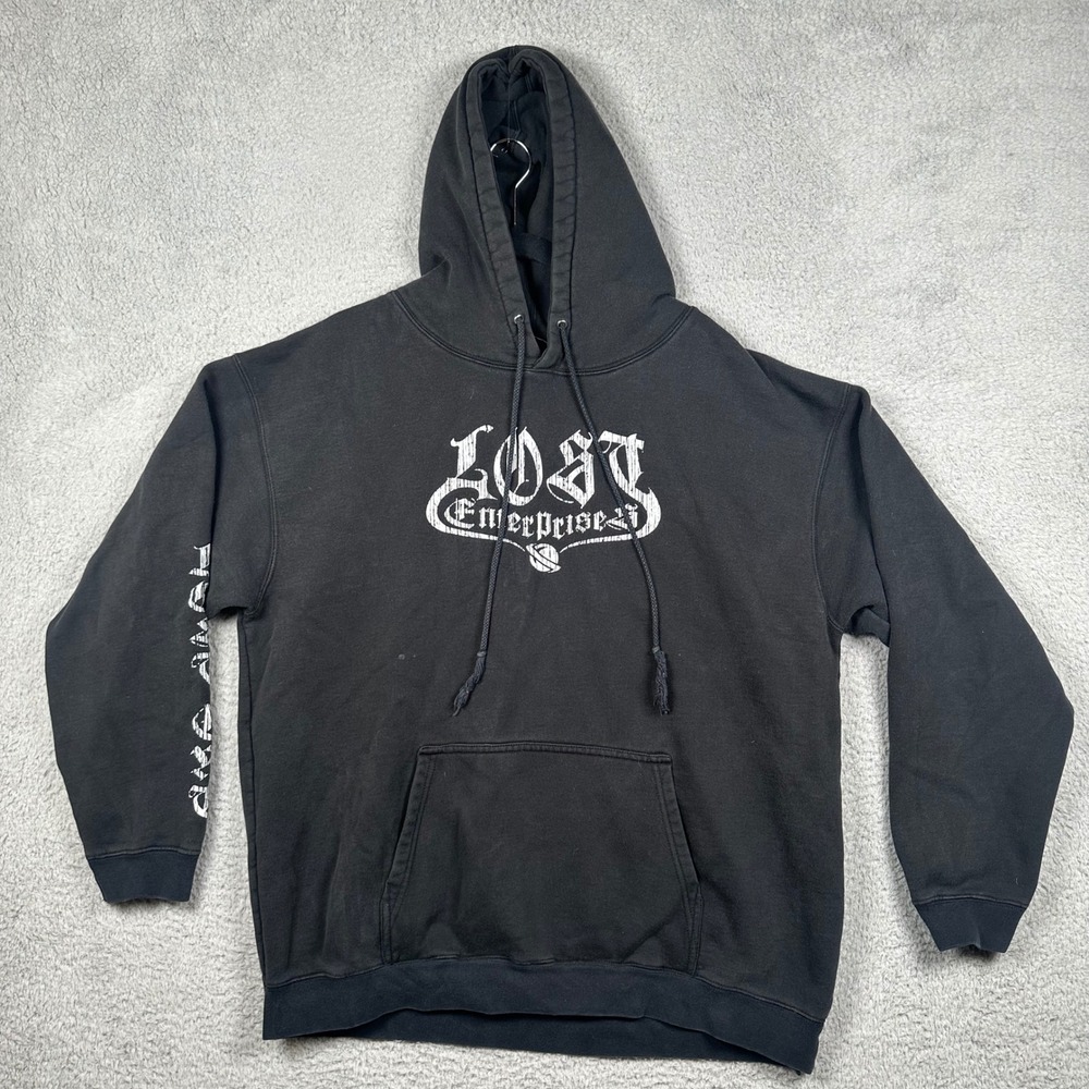 Vtg Lost Enterprises Hoodie Mens XL Black Graphic Pullover Skater Surf‎ Y2K Goth